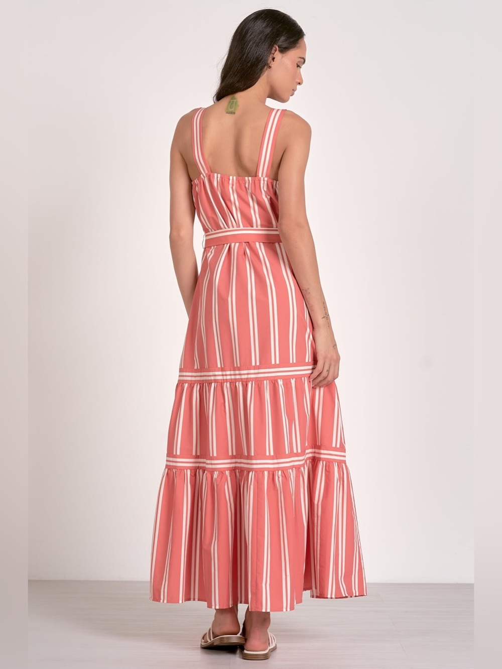 Elan Coral Stripe Tiered Maxi Dress with Belt | NWT | Size Medium - Picture 3 of 5